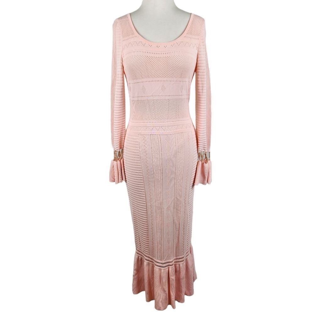 Bebe Mermaid Bodycon Crochet Long Sleeve Frill Barbie Midi Dress S